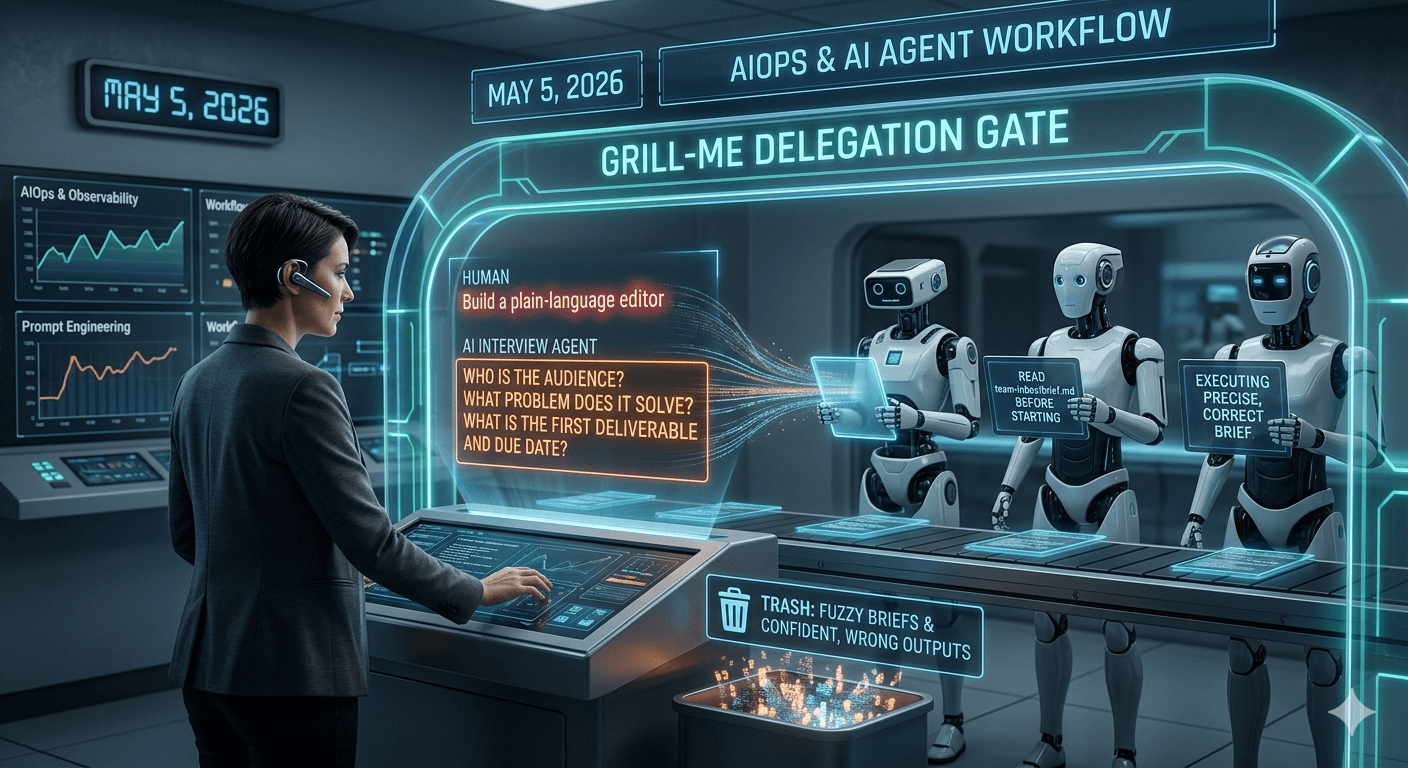 The grill-me delegation gate: a human inputs a vague brief, an AI interview agent asks who the audience is, what problem it solves, and what the first deliverable is, before passing a precise brief to downstream agents. Fuzzy briefs go to trash.