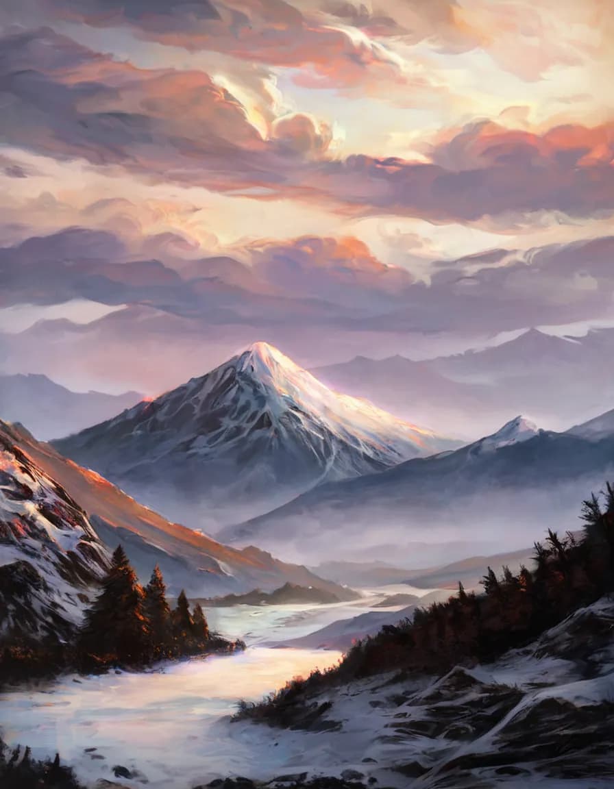 Snow-capped mountain panorama at sunset, with a frozen river winding through alpine hills, generated by Pony Diffusion XL