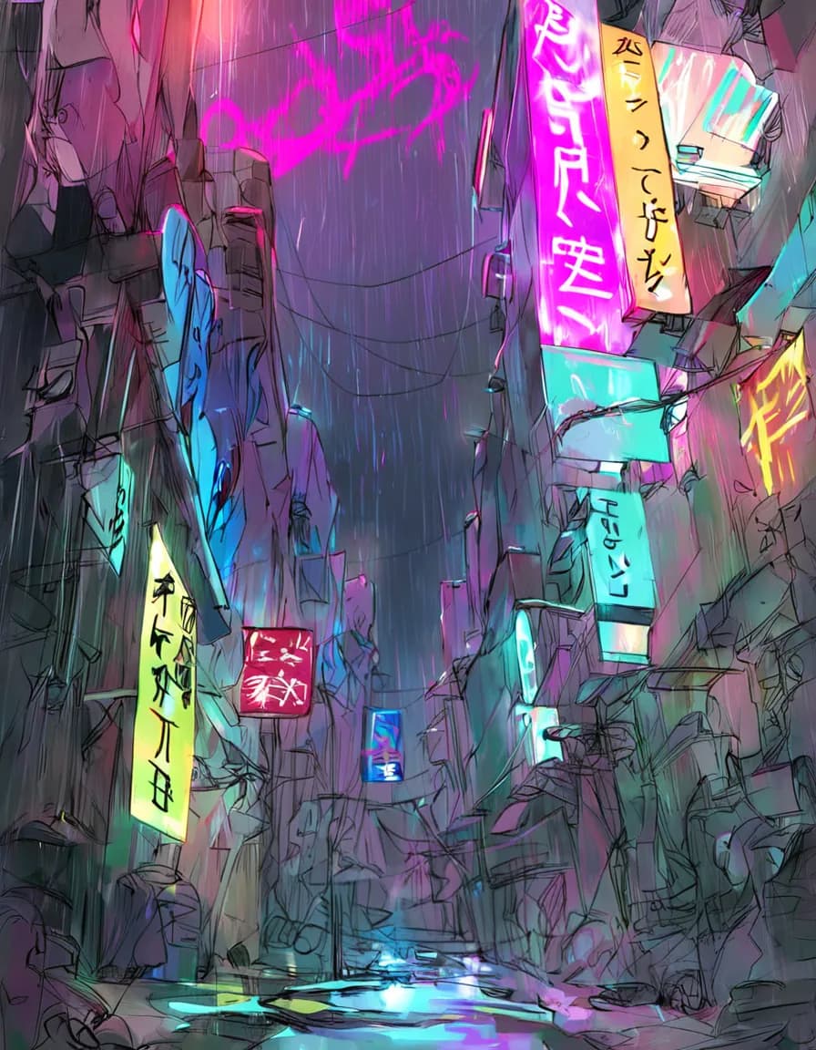 Neon-lit cyberpunk alley at night, magenta and cyan signs reflecting on wet pavement, generated by Pony Diffusion XL