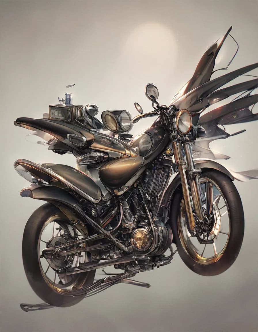 Vintage cafe racer motorcycle in copper and chrome, side profile against a neutral studio background, generated by Pony Diffusion XL