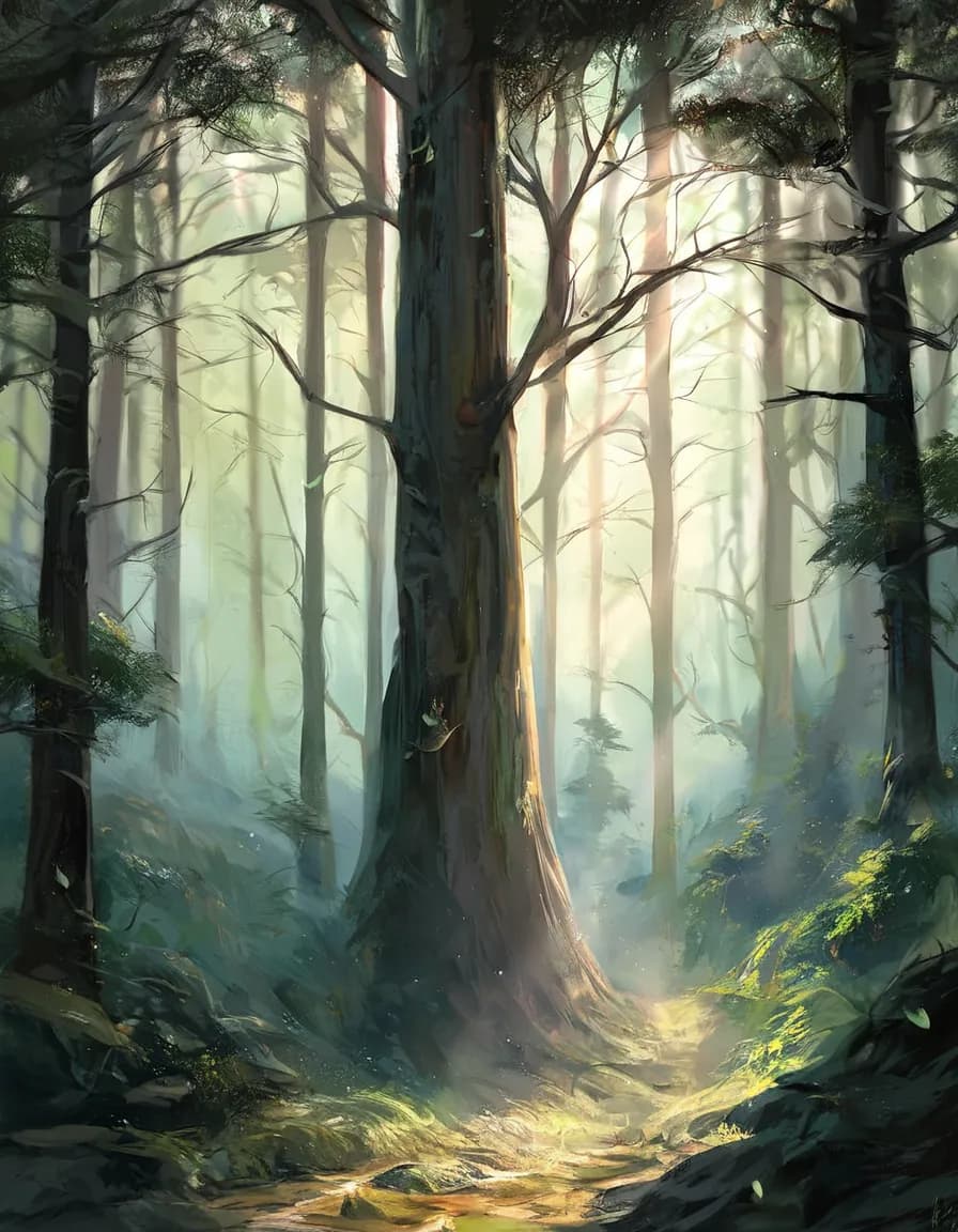 Misty Scandinavian pine forest with sunbeams cutting through morning fog, generated by Pony Diffusion XL