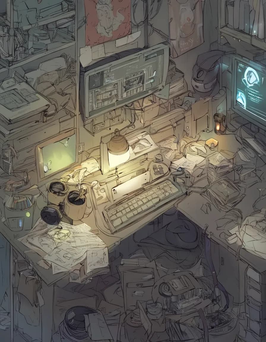 Vintage 1980s computer setup with a beige CRT monitor, mechanical keyboard, and warm desk lamp lighting, generated by Pony Diffusion XL